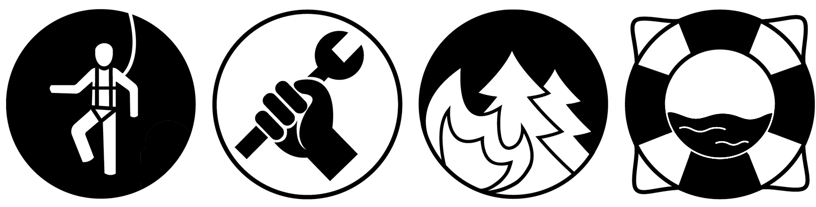 Sicherheitsschlüsselsymbole der Dräger Produkte Vier Iconleisten für Sicherheit: Kletterer, Werkzeug, Schutzhelm, Rettungsring.