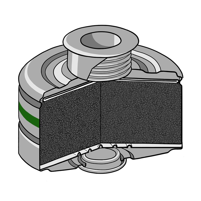 Schnittansicht des Dräger Rd40 K2 Filters Darstellung eines geschnittenen Dräger Rd40 K2 Filters für Sicherheitstechnik.
