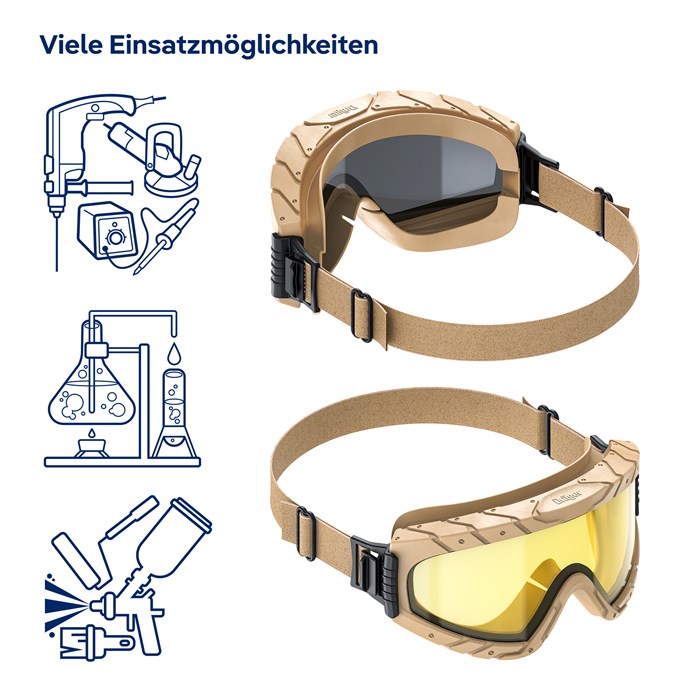 Schutzbrille Dräger X-pect 4900 Sand Zwei Schutzbrillen, darunter eine mit gelben Gläsern, beige Halterungen.