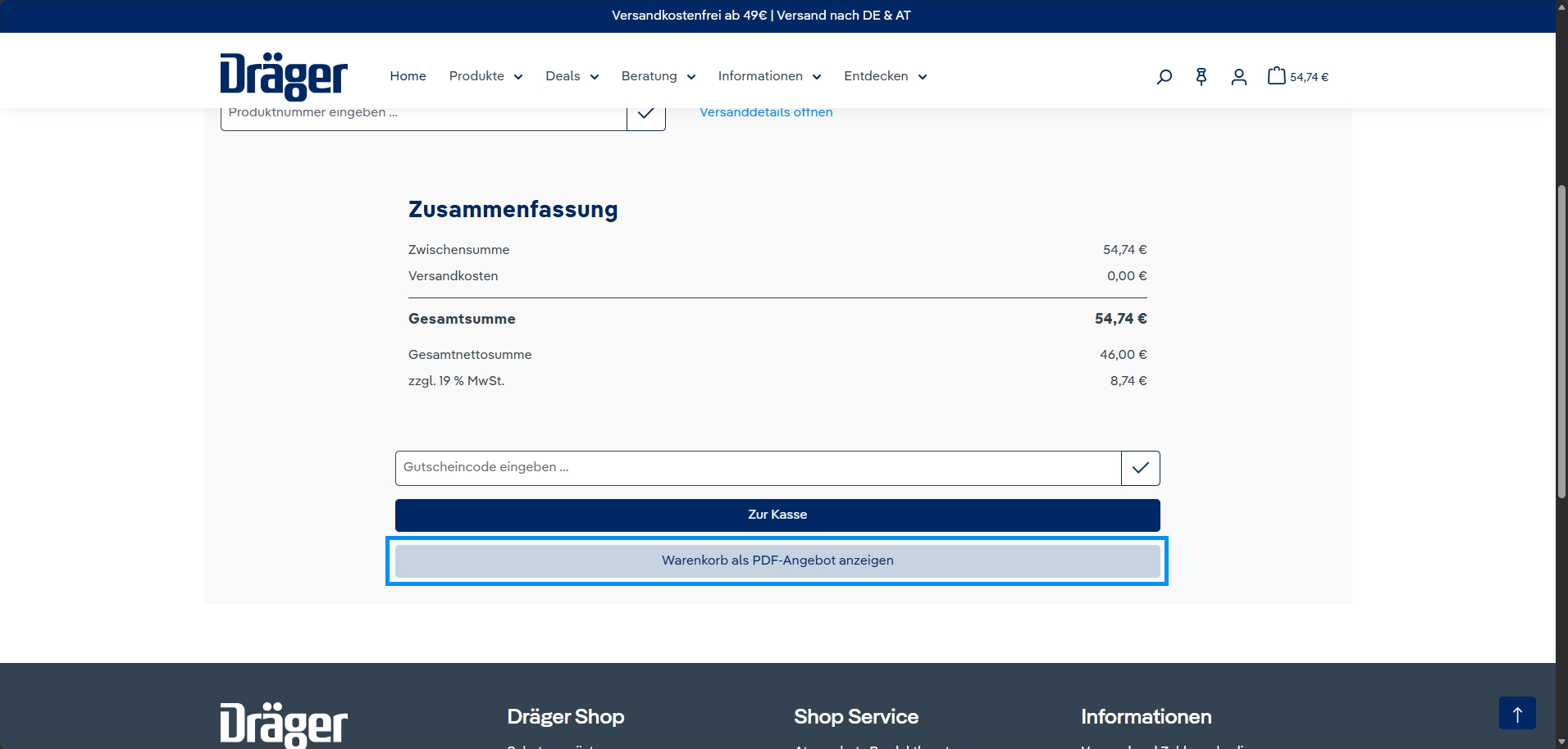 Zusammenfassung des Warenkorbs mit Button „Warenkorb als PDF-Angebot anzeigen