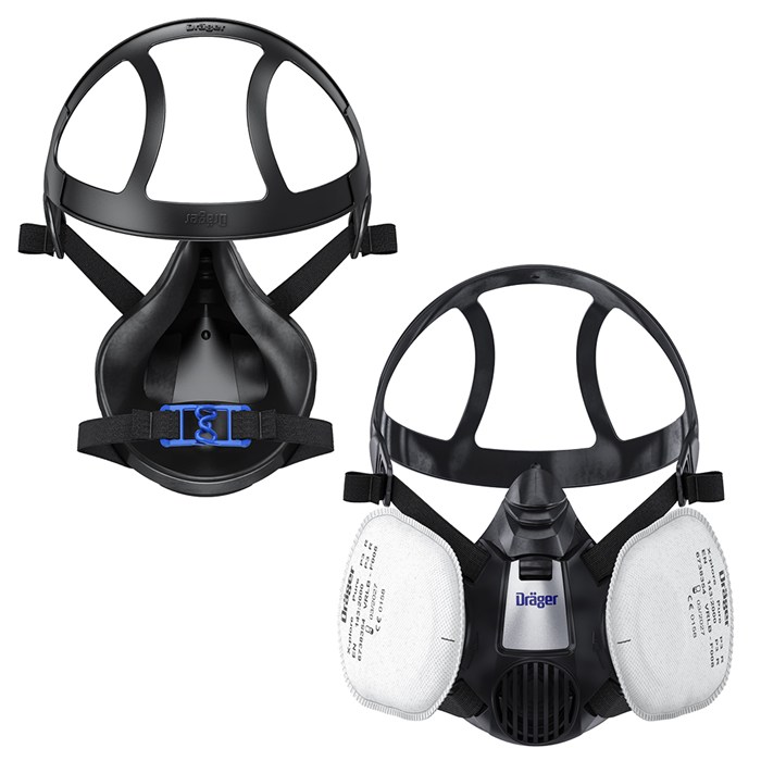 X-plore 3500 Schutzmaske von Dräger Abgebildet ist eine schwarze Atemschutzmaske mit weißen Filtern.