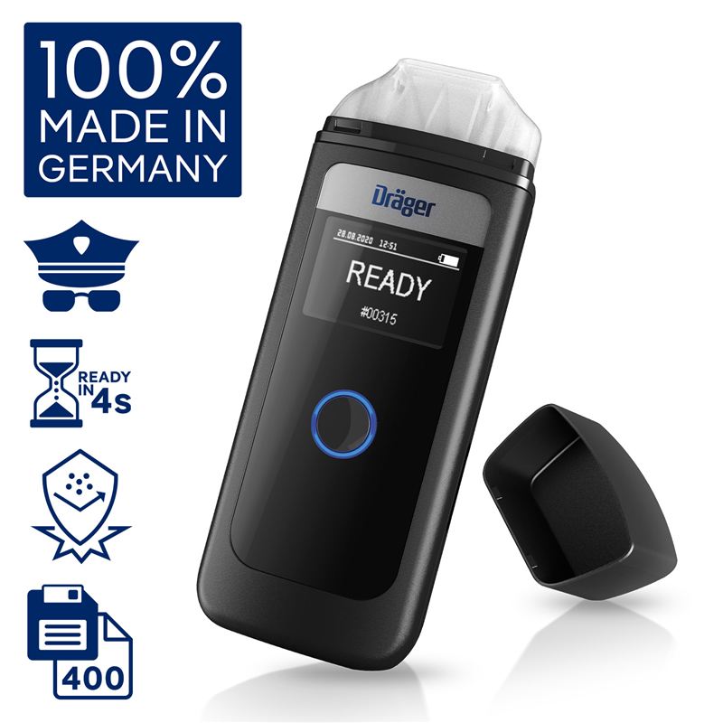 Draeger Alcotest 4000 Produktbild Alkoholtester Draeger Alcotest 4000, schwarze Handheld-Einheit mit abnehmbarem Deckel.