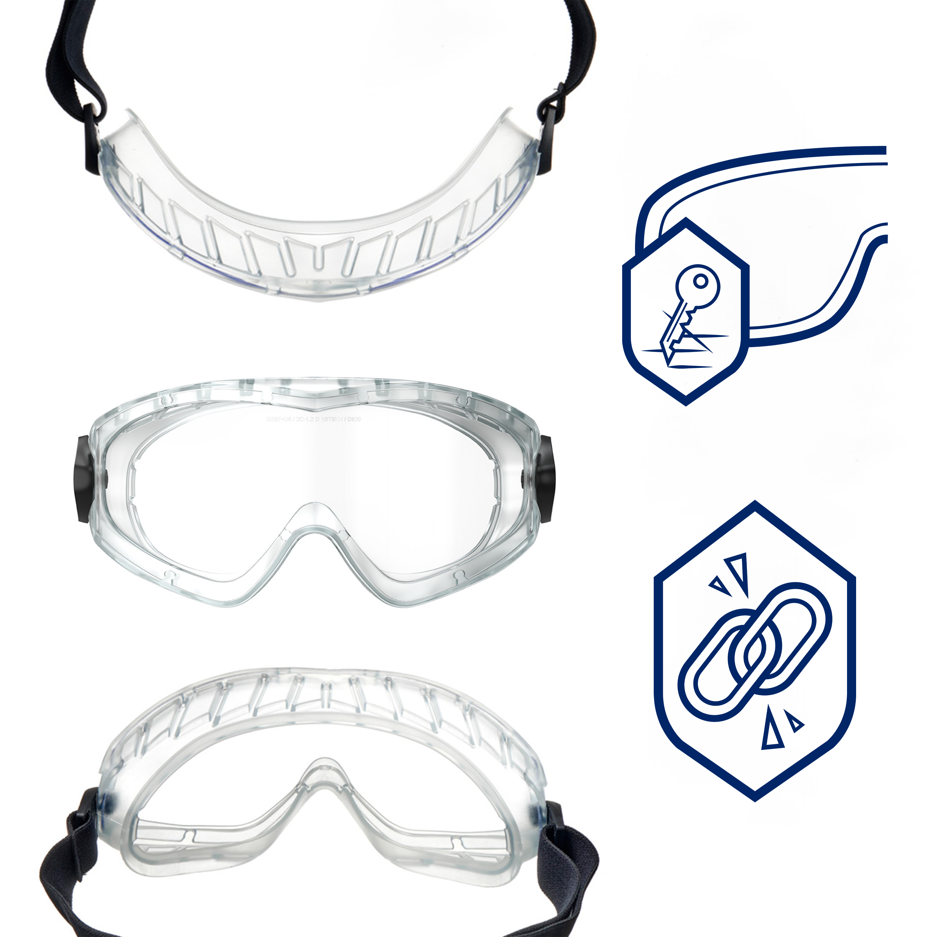 Durchsichtige Schutzbrille mit elastischem Band und robustem Rahmen, geeignet für Sicherheit im Arbeitsumfeld.