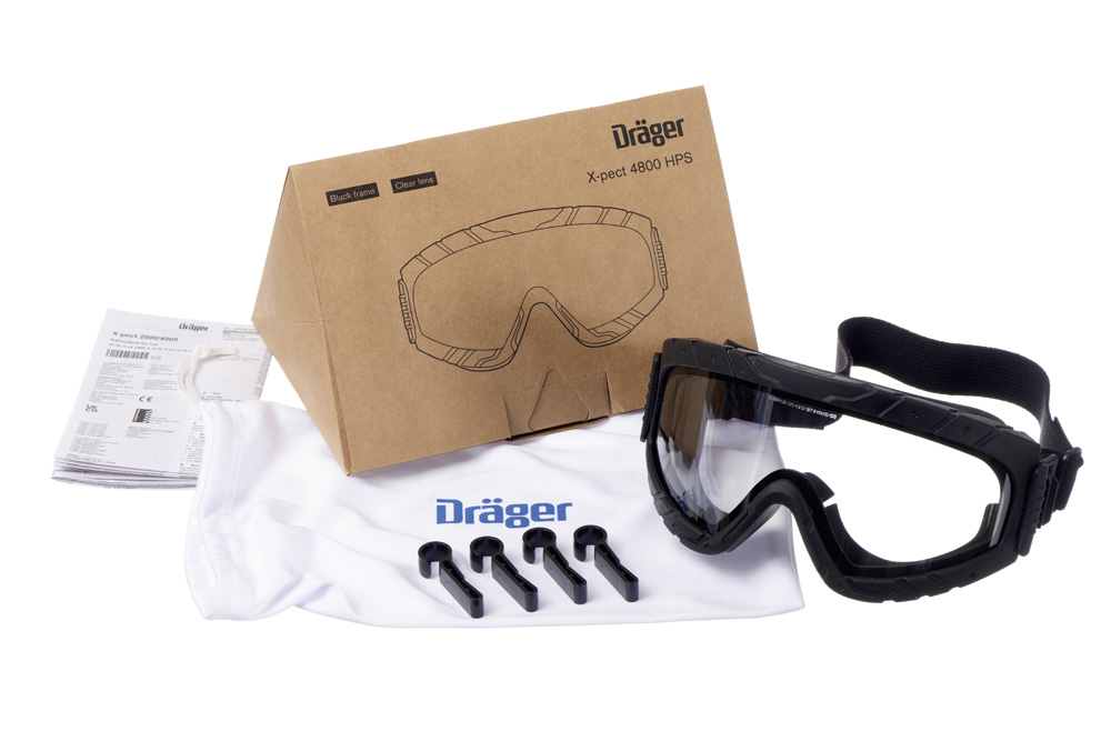 Dräger X-pect 4800 Sicherheitsbrille Set Sicherheitsbrille mit Ersatzteilen und Verpackung von Dräger.