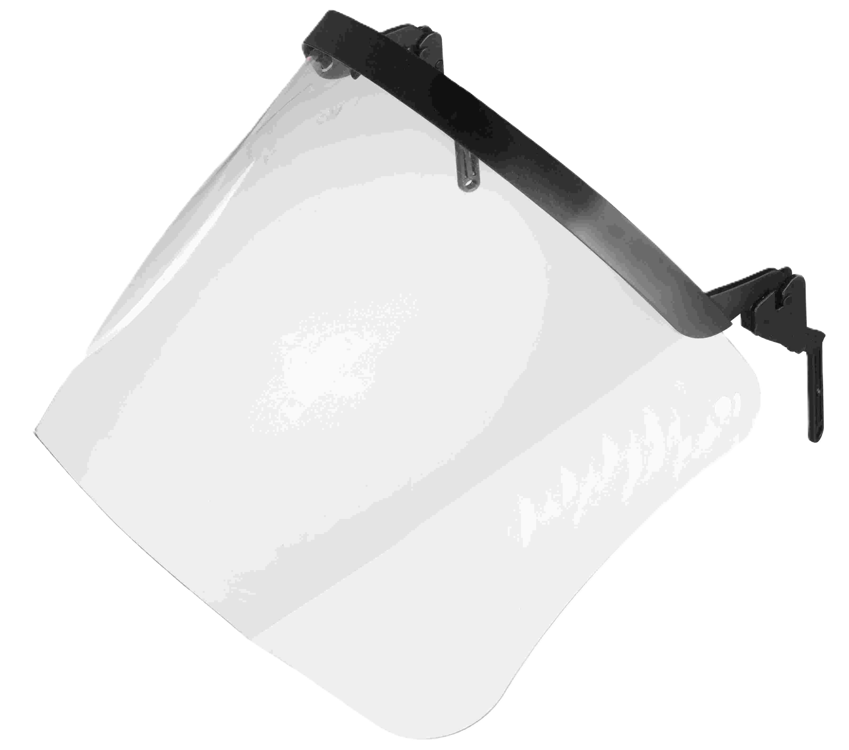 Transparentes Schutzvisier mit schwarzem Tragebügel.
