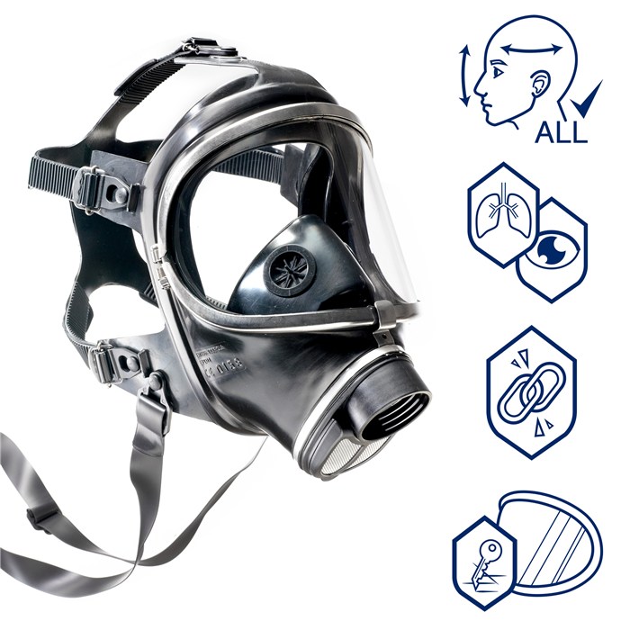 Vollmaske Panorama Nova für Atemschutz Schwarze Vollmaske mit mehreren Gurten und Atemventil.