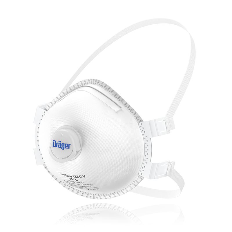Dräger X-plore 1330V Atemschutzmaske Weiße Atemschutzmaske mit Ventil und elastischen Bändern zur Fixierung.