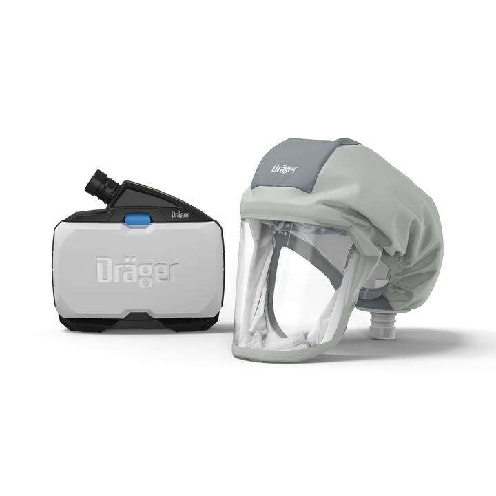 Dräger Atemschutzmaske und Filtereinheit Die Dräger Atemschutzmaske mit transparenter Visier und Filtereinheit.