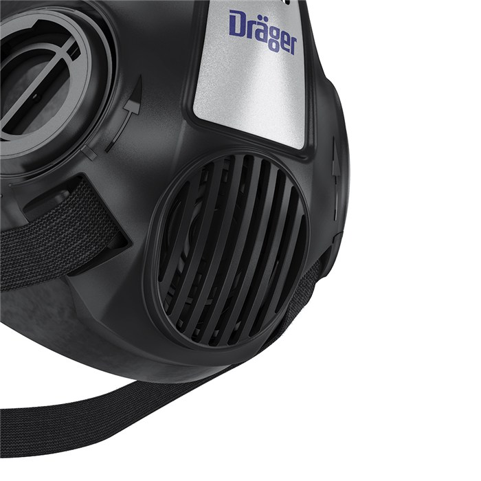 Dräger X-plore 3500 Atemschutzmaske Nahaufnahme einer schwarzen Halbmaske mit Filter der Marke Dräger.