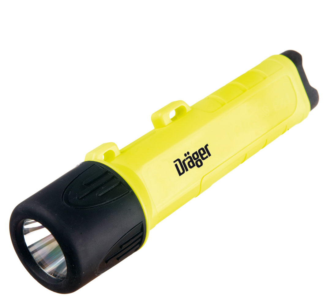 Dräger Sicherheitslampe PX1 Gelbe Dräger Taschenlampe mit schwarzem Kopfteil.