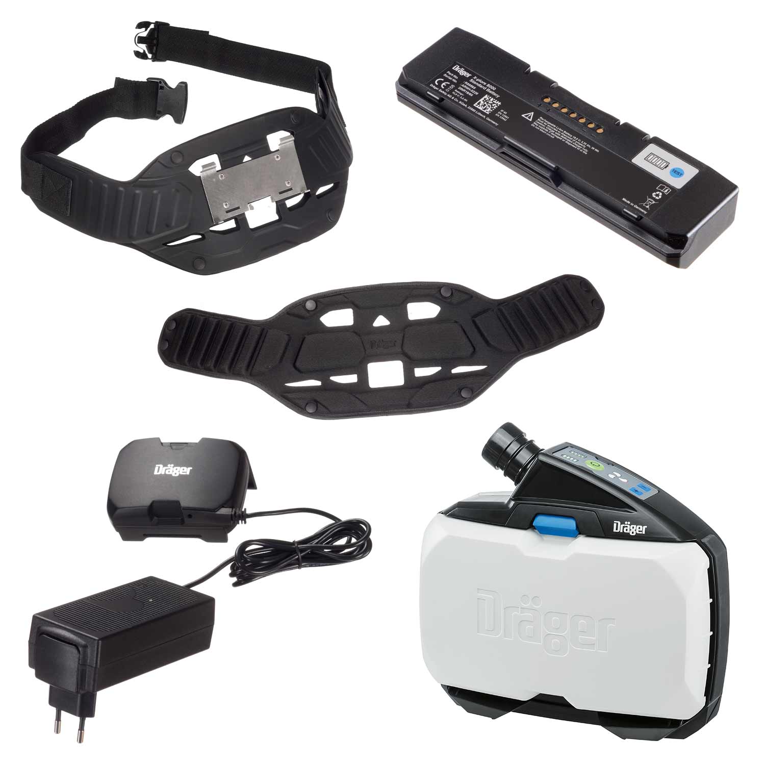 Dräger X-plore 8500 Premium Set Das Bild zeigt das Dräger X-plore 8500 Atemschutzgerät und Zubehörteile.