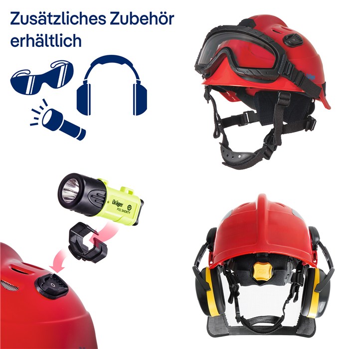 Dräger HPS 3500 Basis Schutzhelm Roter Sicherheitshelm mit Zubehör wie LED-Lampe und Ohrenschützer.