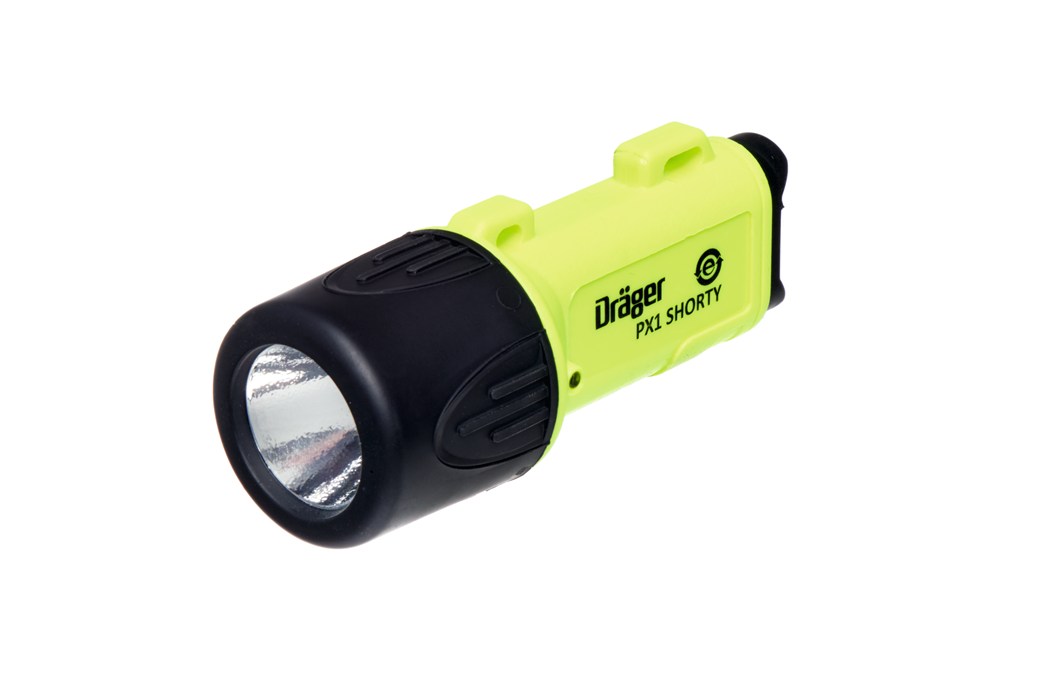 Gelb-schwarze Dräger PX1 SHORTY Taschenlampe mit LED.