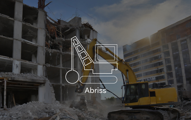 Bauabriss mit Bagger im Einsatz Gelber Bagger beim Abriss eines mehrstöckigen Gebäudes.