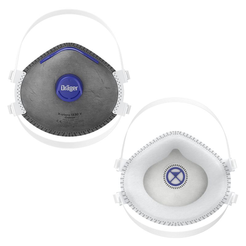 Atemschutzmaske X-plore 1330V Odour Zwei Atemschutzmasken von Dräger mit Ventil, schwarz und weiß.