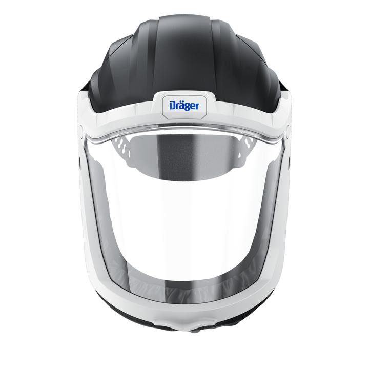 Schutzhelm für Sicherheitsanwendungen Schwarzer Dräger Schutzhelm mit klarem Visier, frontalansicht.