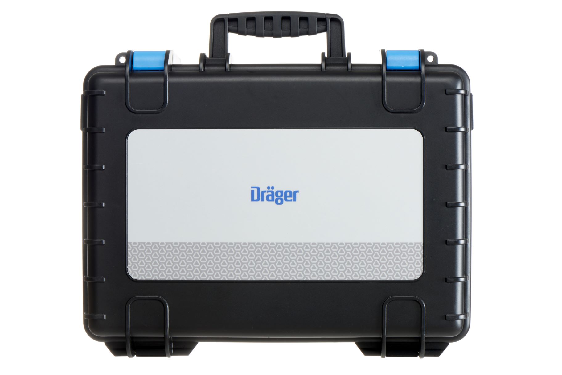 Schwarzer geschlossener Koffer von Dräger mit Griff oben und zwei blauen Verschlüssen.
