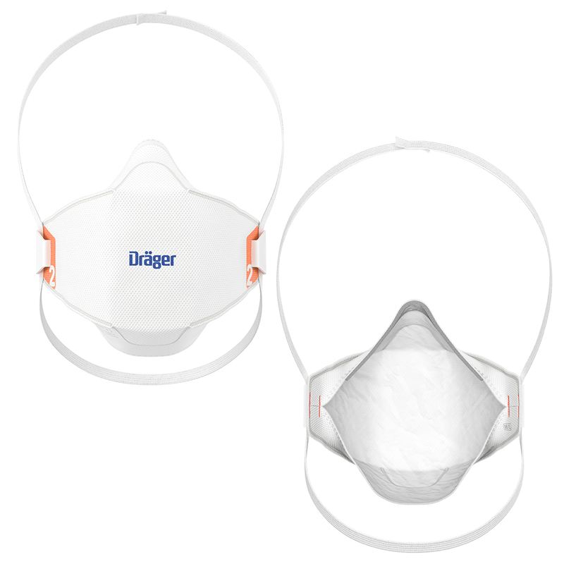 Atemschutzmaske Dräger X-plore 1920 Zwei weiße Atemschutzmasken mit elastischen Bändern.