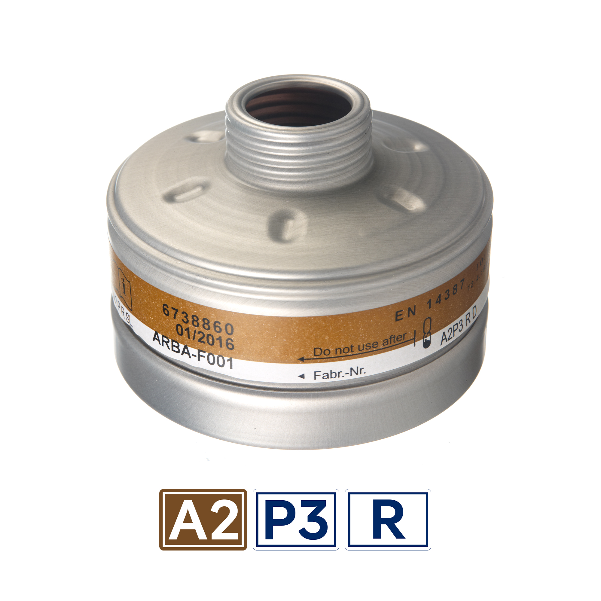 Ein Rundfilter für Atemschutz, Typ A2 P3, von Dräger.
