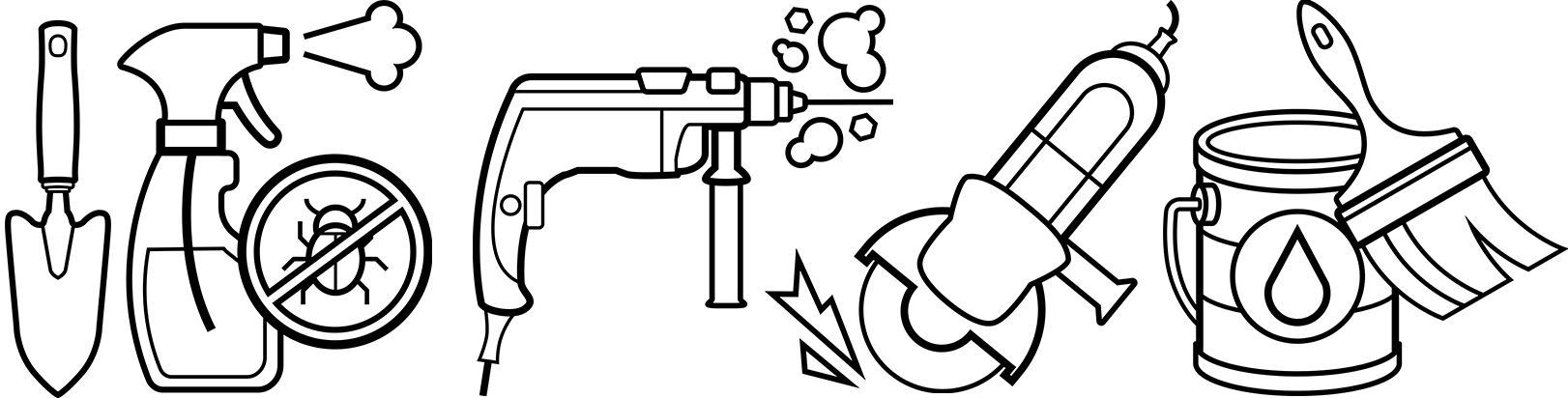 Produkticon-Leiste X-plore 1320 Symbole für Sprayflasche, Bohrer, Schleifmaschine, Farbtopf und Pinsel.