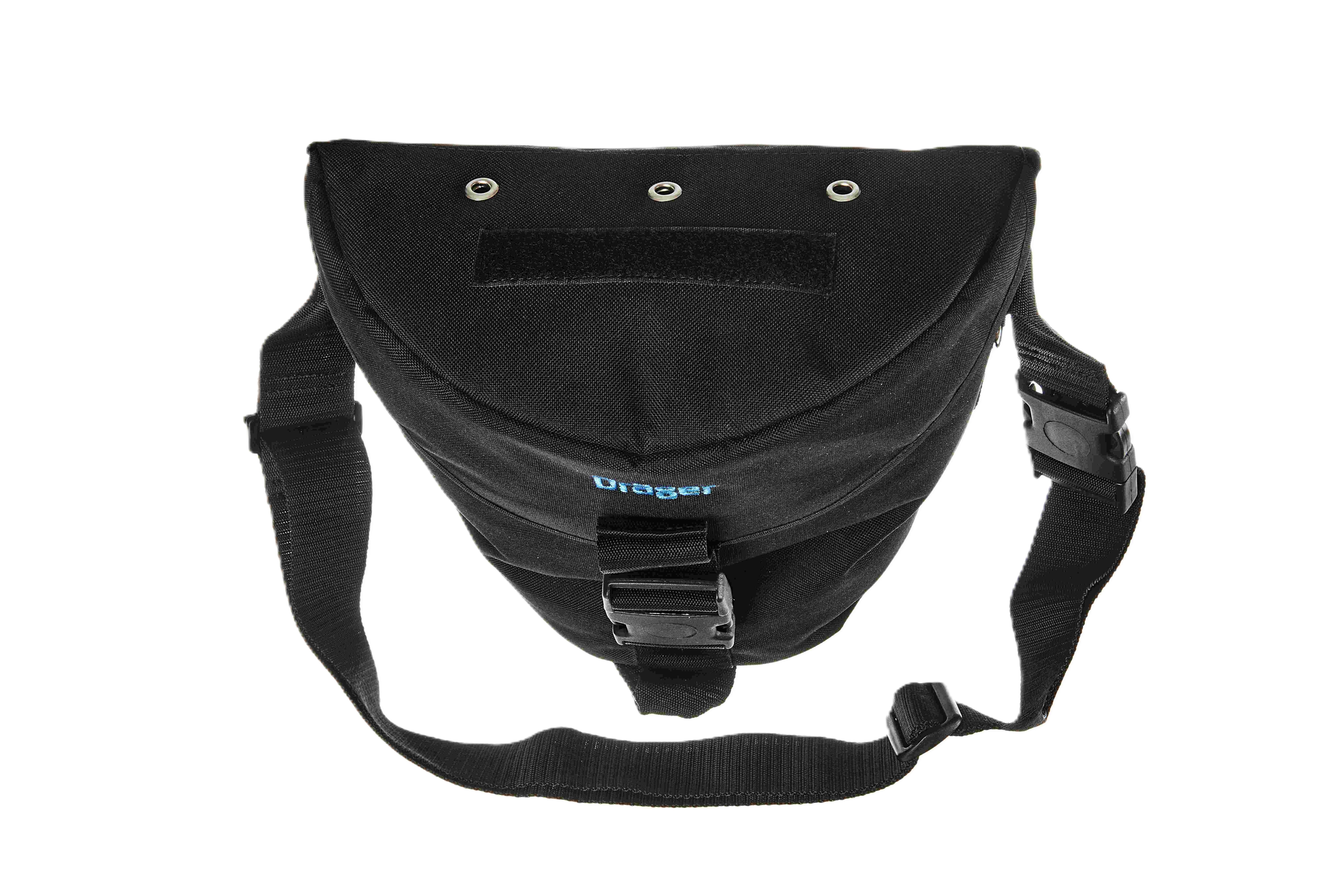Schwarze Tasche mit Träger, Dräger Logo auf der Vorderseite.
