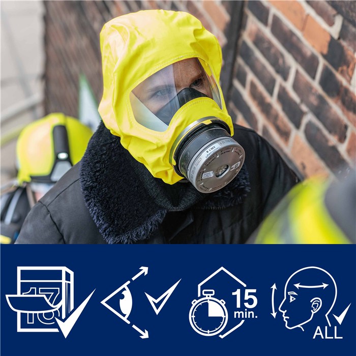 Notfallmaske PARAT 5510 Anwendung Person mit gelber Atemschutzmaske in einem urbanen Umfeld. Symbole zeigen Schutzzeit und Eignung.