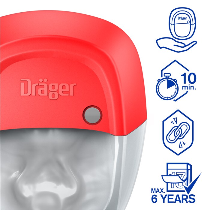 Gasmaske Dräger mit USPs Nahaufnahme einer roten Schutzmaske mit Dräger Logo. Symbole für 10 Minuten Einsatzzeit und 6 Jahre Haltbarkeit.