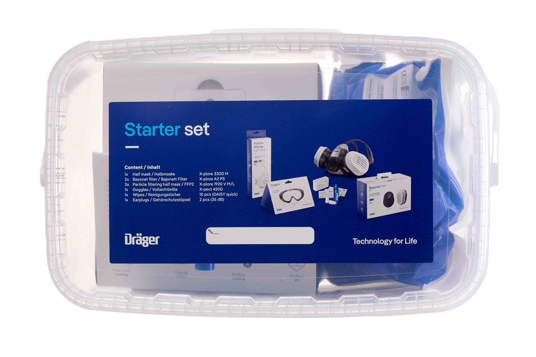 Transparente Box mit Sicherheitsprodukten von Dräger.