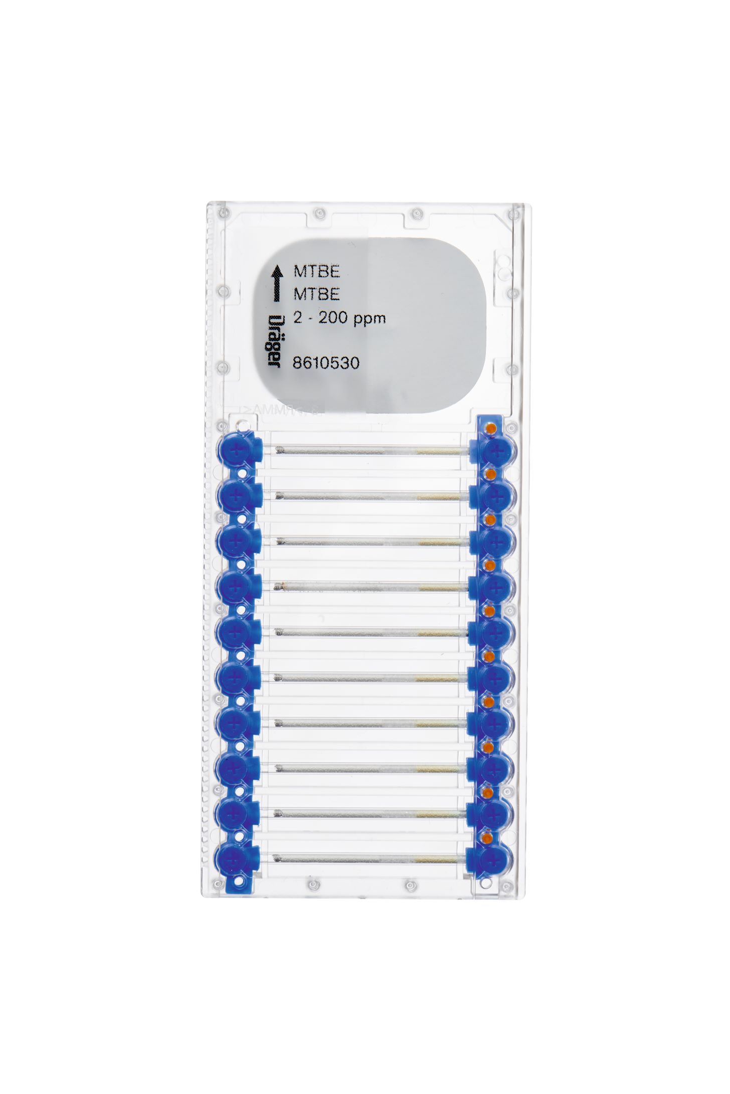Dräger Prüfröhrchen MTBE 2-200 ppm Transparentes Prüfmittel mit blauen Kappen, beschriftet mit "MTBE 2-200 ppm" und Nummer "8610530".