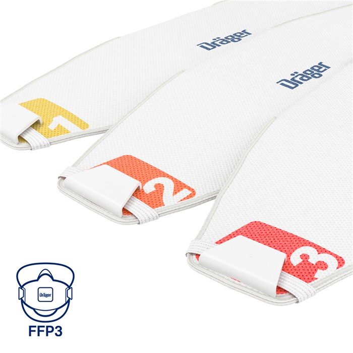Dräger FFP3 Atemschutzmasken X-plore 1930 Drei FFP3 Masken mit farbcodierten Nummern 1, 2 und 3.