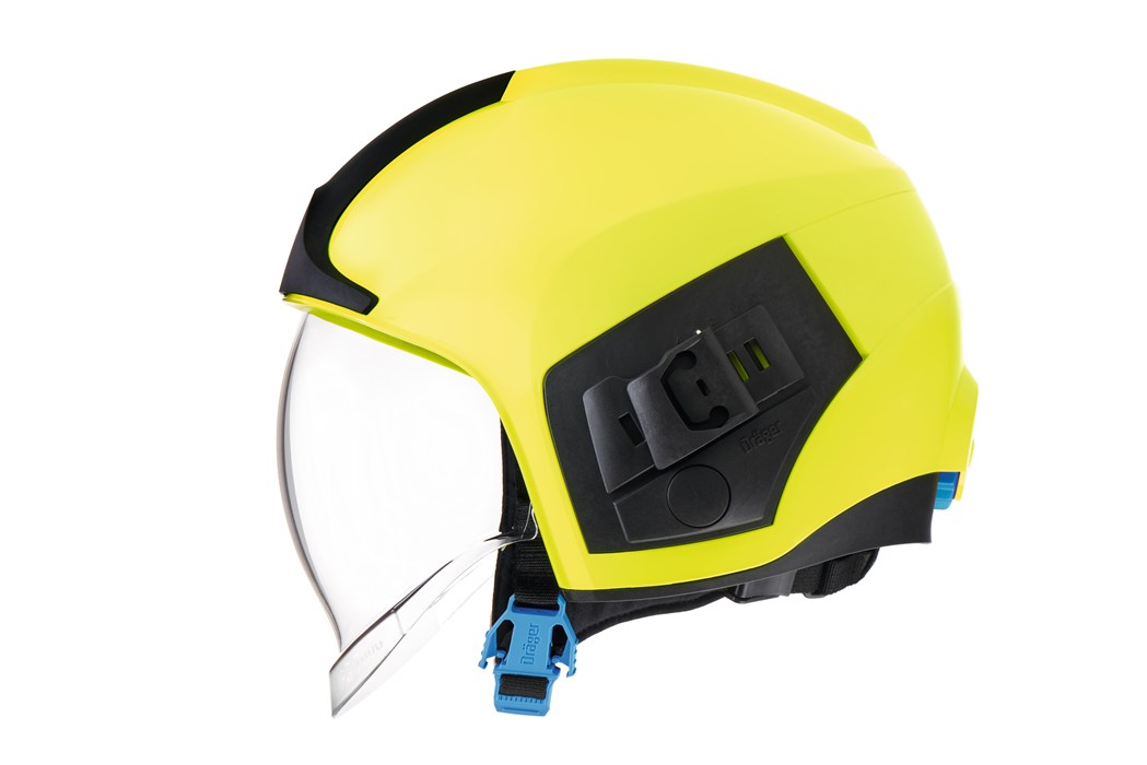 Gelber Feuerwehrhelm mit Visier und Funktionselementen, Modell HPS 7000.