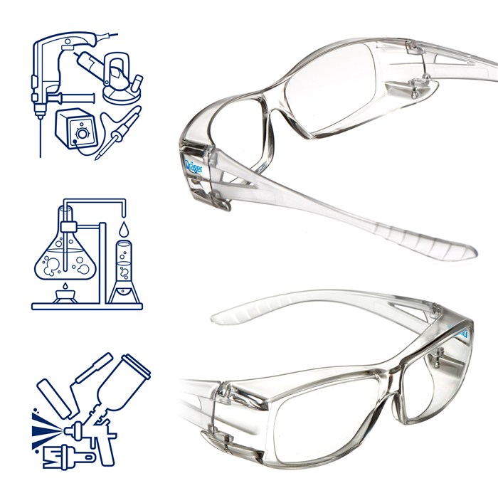 Schutzbrille Dräger X-pect 2400 für Sicherheit Transparente Schutzbrille mit klaren Gläsern, seitlich und frontal abgebildet.