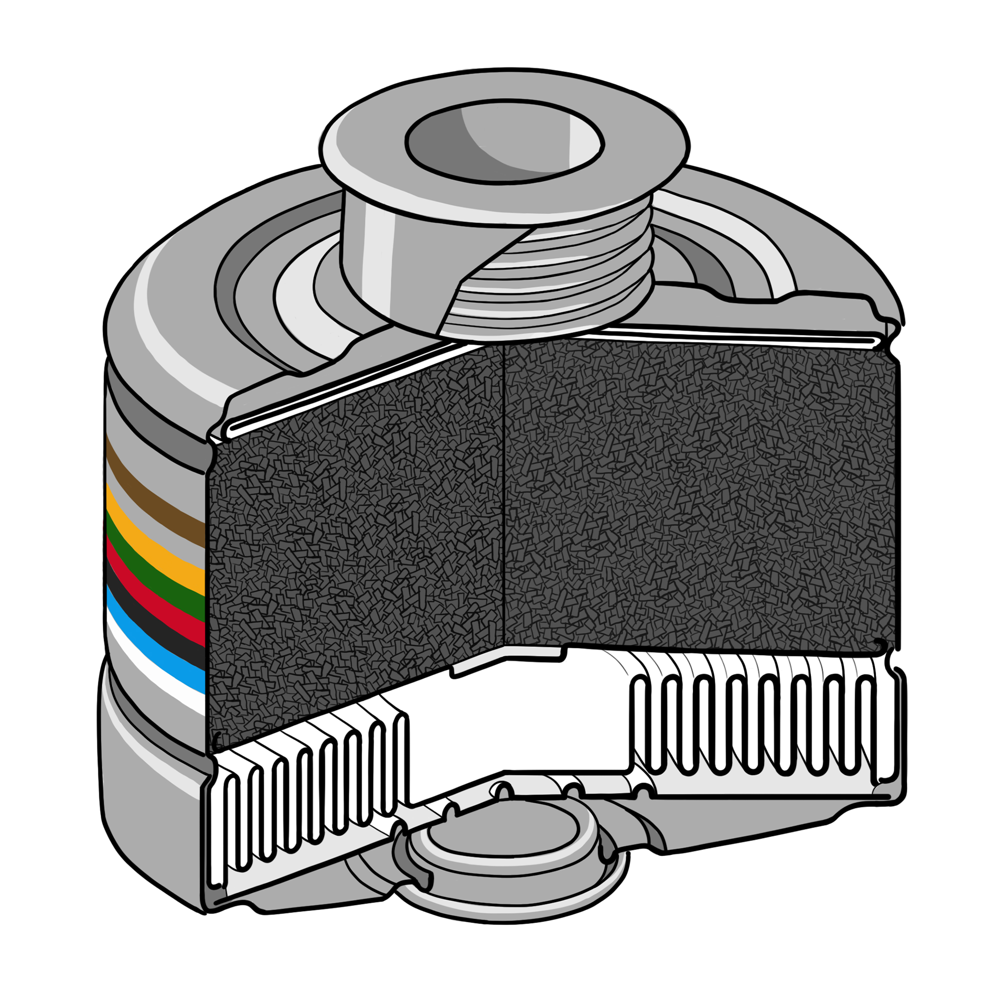 Querschnitt des Atemschutzfilters Rd40 mit markierten Schichten.