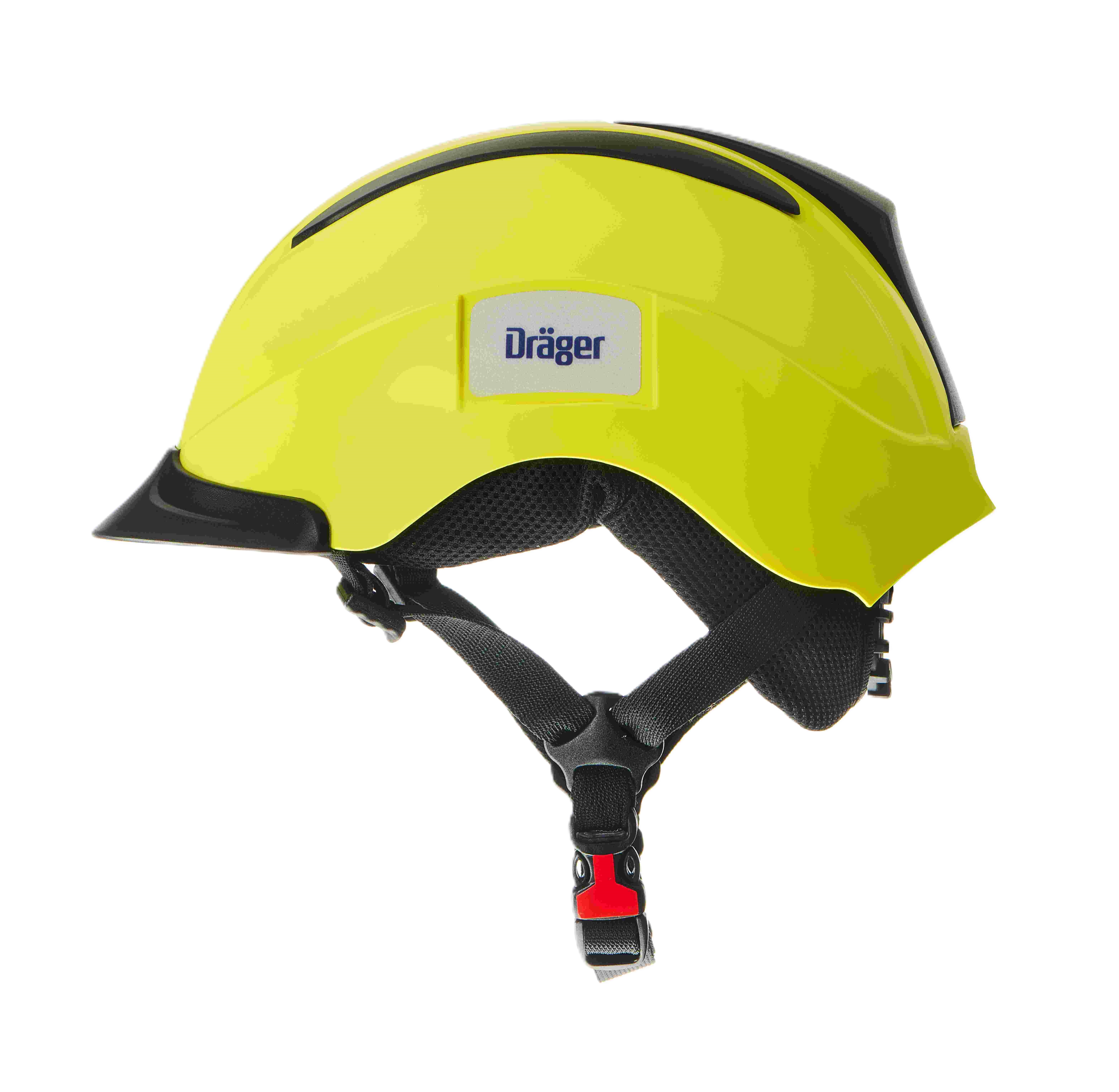 Leuchtend gelber Schutzhelm von Dräger mit schwarzem Visier und verstellbarem Kinnriemen.