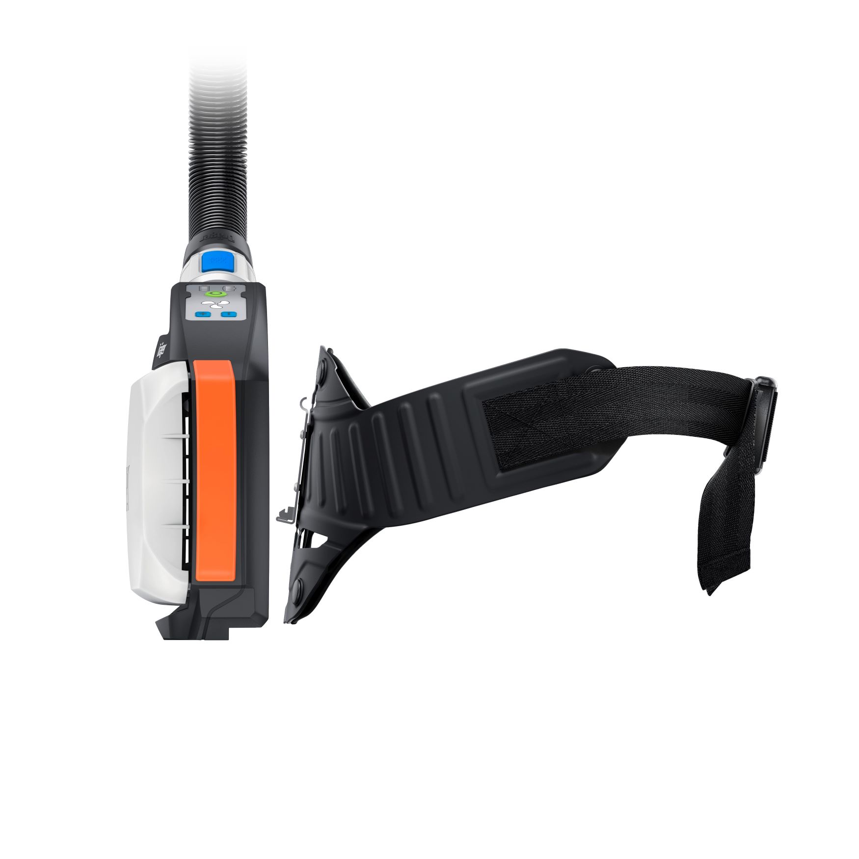 Seitliche Ansicht eines tragbaren Atemschutzgerätes mit Gurt, Modell X-plore 8700 EX von Dräger.