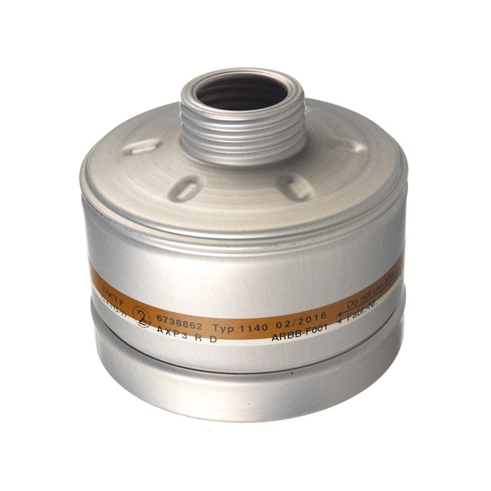 Rd40 Filter AXP3 von Dräger Sicherheitstechnik Rundes, silbernes Filter mit Schraubgewinde und orangefarbener Beschriftung.