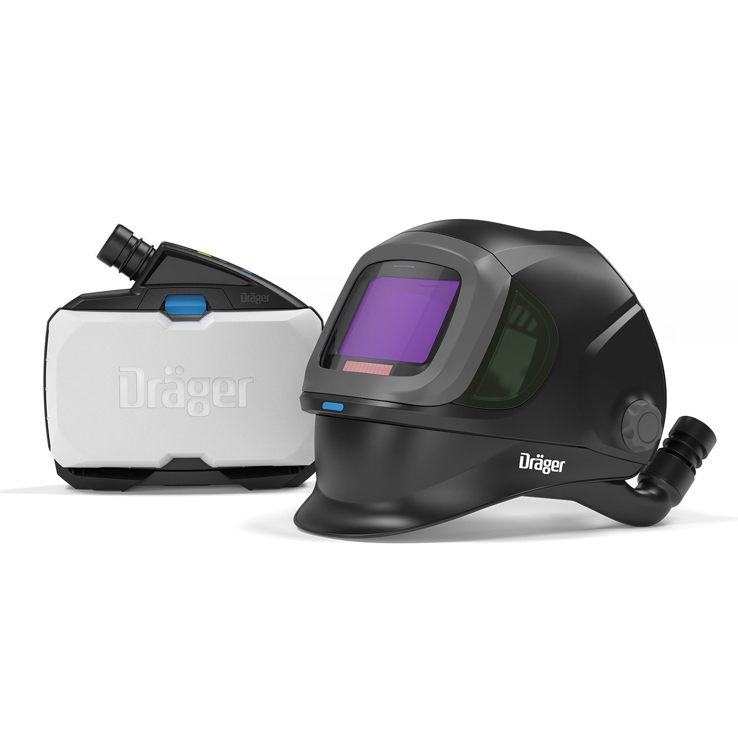 Dräger Sicherheitstechnik Produktbild Schutzmaske und Gerät der Marke Dräger nebeneinander.