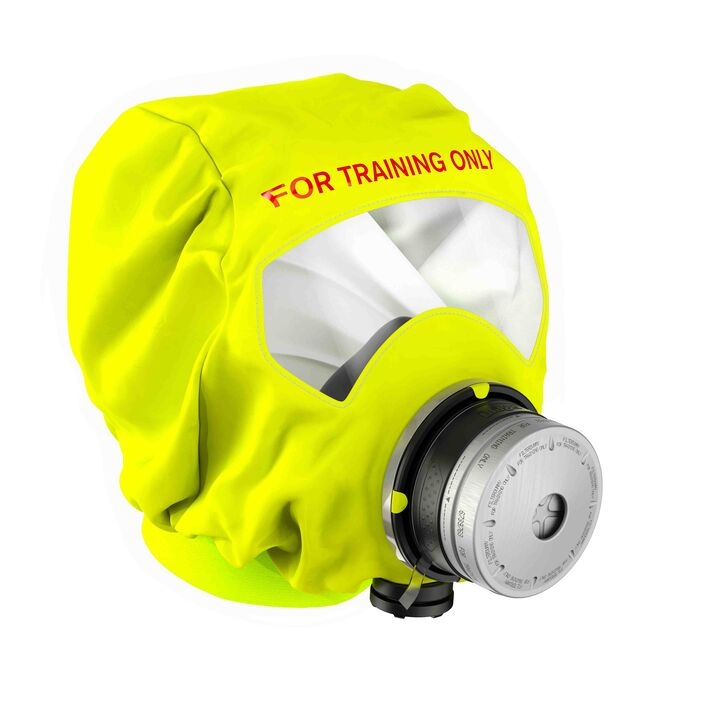 Gelbe Fluchthaube mit Sichtfenster, "For Training Only" beschriftet.
