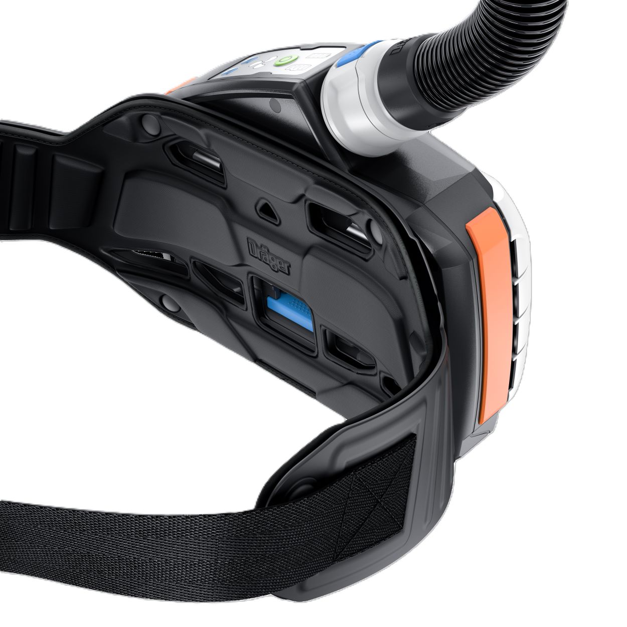 Rückansicht eines Dräger X-plore 8700 EX Atemschutzgeräts mit Befestigungsgurt und Schlauchanschluss.