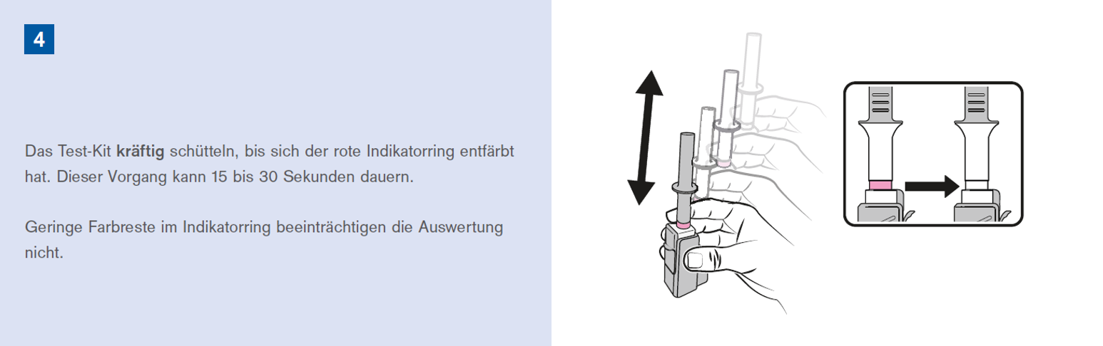 Anleitung für Test-Kit-Indikator Illustration zum Aktivieren der Indikatorfarbe an einem Test-Kit durch Schütteln.