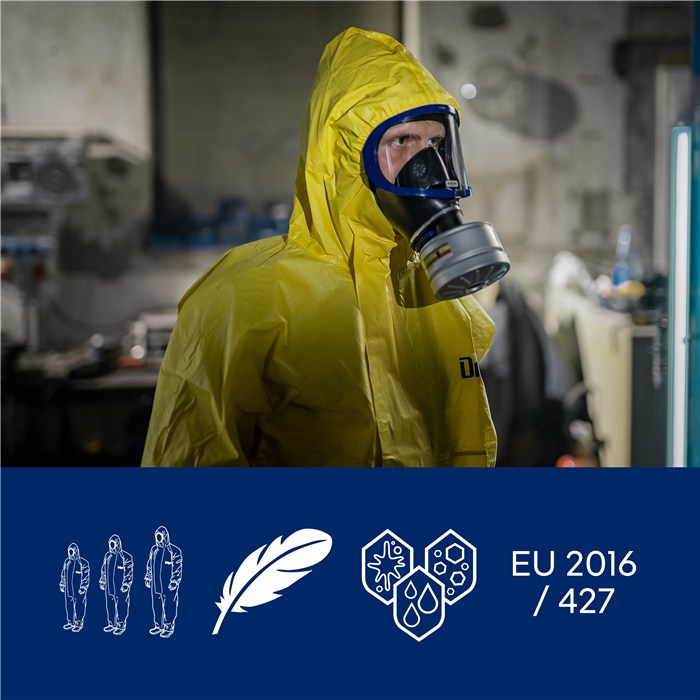 Schutzanzug Dräger SPC 4400 CPM Gelber Schutzanzug mit Atemmaske in industrieller Umgebung.