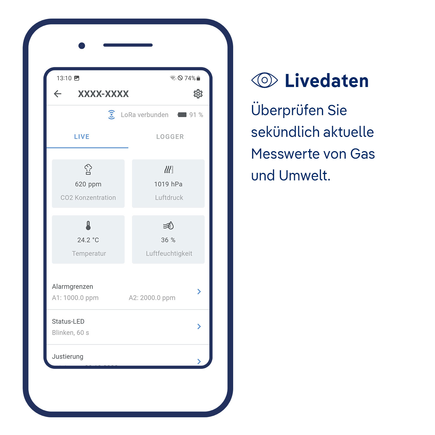 Dräger Livedaten-Anzeige auf Smartphone Smartphone mit Gas- und Umweltmesswertanzeige: CO2, Luftdruck, Temperatur, Luftfeuchtigkeit in App sichtbar.