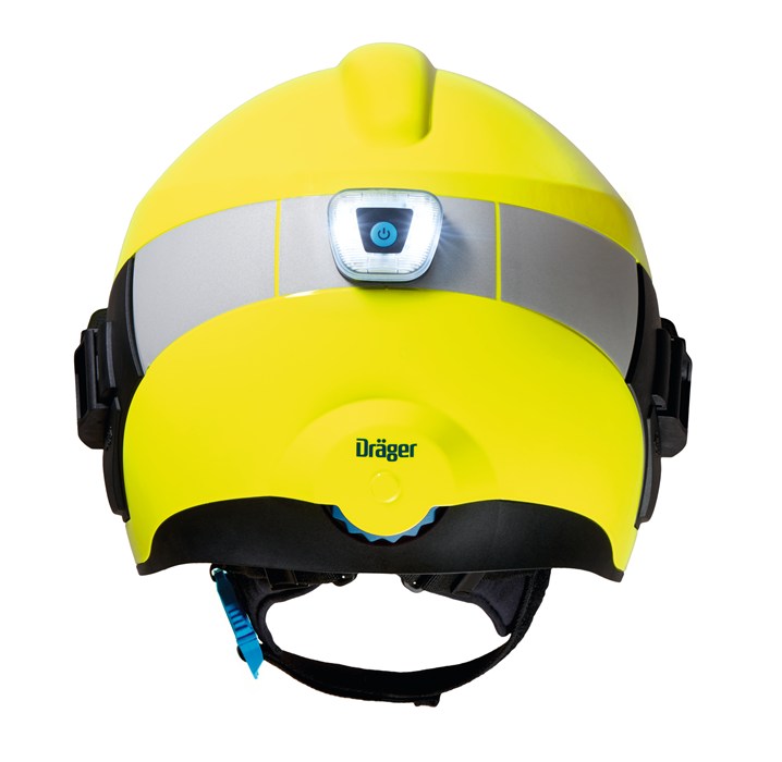 Gelber Feuerwehrhelm von Dräger mit eingebauter LED-Lampe.
