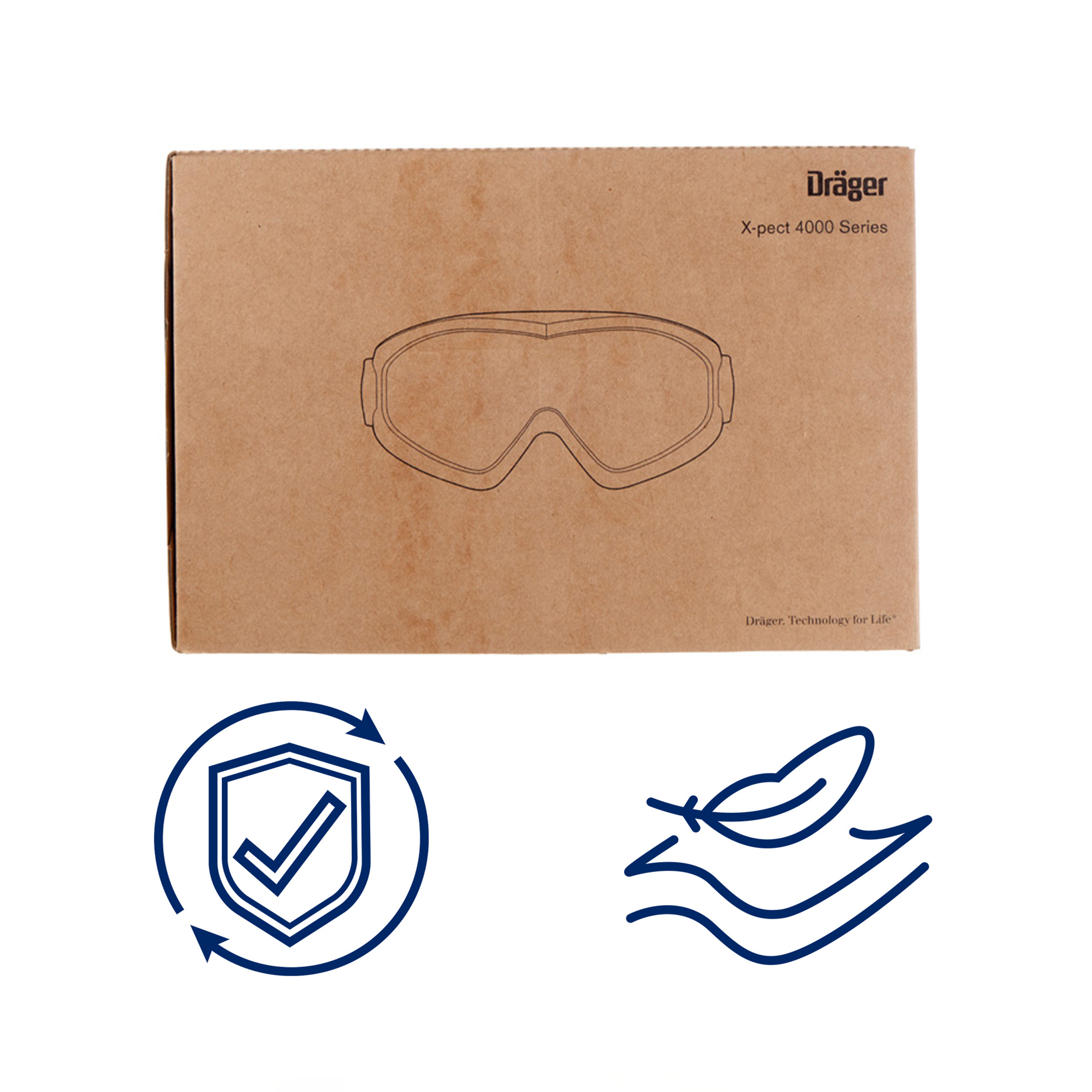 Verpackung der Dräger X-pect 4000 Serie Schutzbrille mit Grafiken.