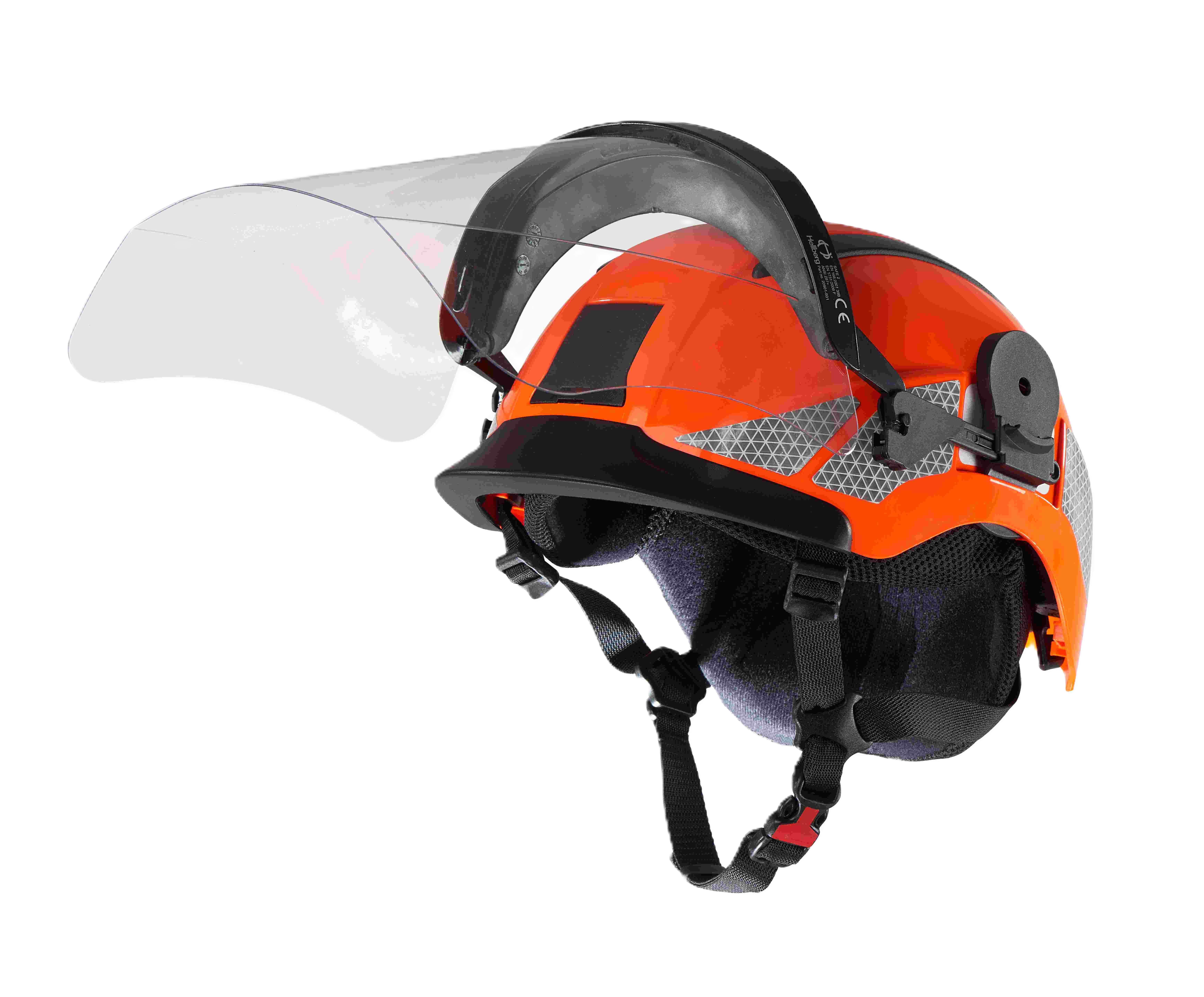Oranger Feuerwehrhelm mit transparentem Schutzvisier und verstellbarem Kinnriemen.
