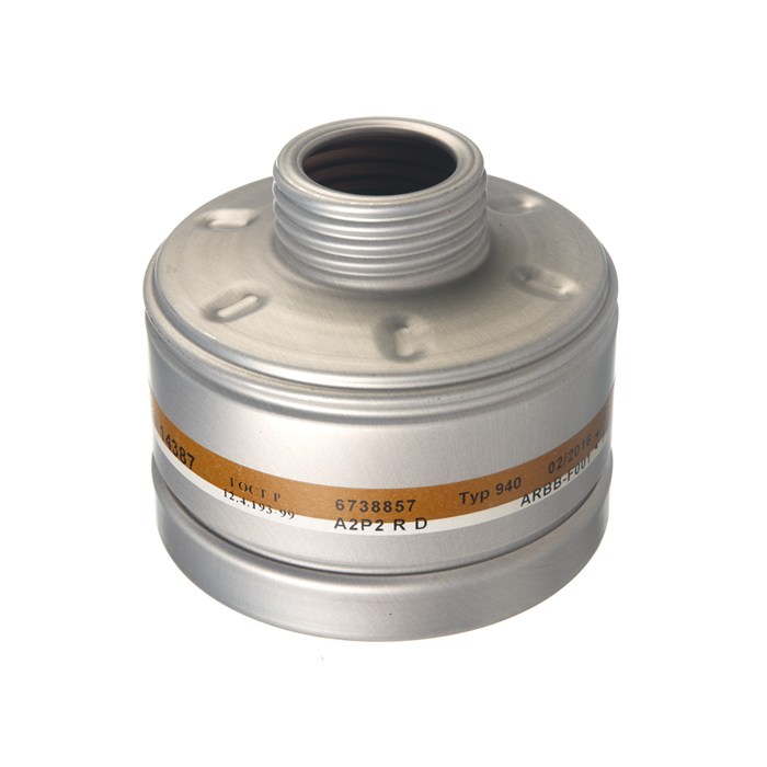 Dräger A2P2 Atemschutzfilter Silberner Atemschutzfilter mit Gewindeanschluss und Typenbezeichnung.