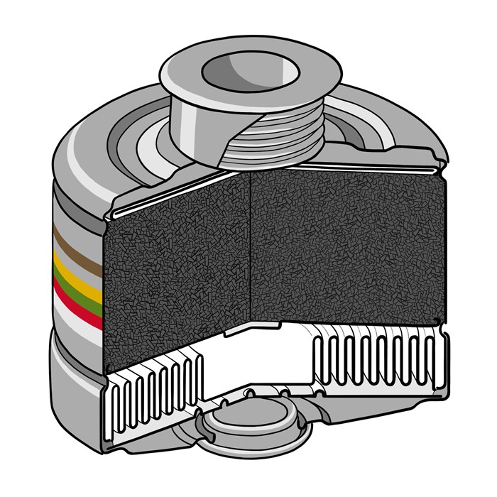 Rd40 Filter A2B2E2K2 Hg P3 Schnittdarstellung Schnittzeichnung eines Dräger Rd40 Filters mit mehreren Schutzstufen.