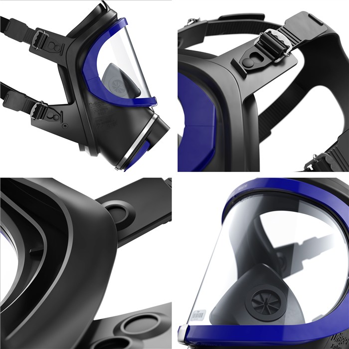 Dräger X-plore 6300 Vollmaske Detailansicht Nahansicht der Dräger X-plore 6300 Vollmaske, schwarze und blaue Elemente.