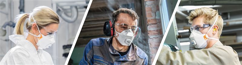 Sicherheitsausrüstung im Einsatz Drei Personen mit Schutzmasken und Gehörschutz.