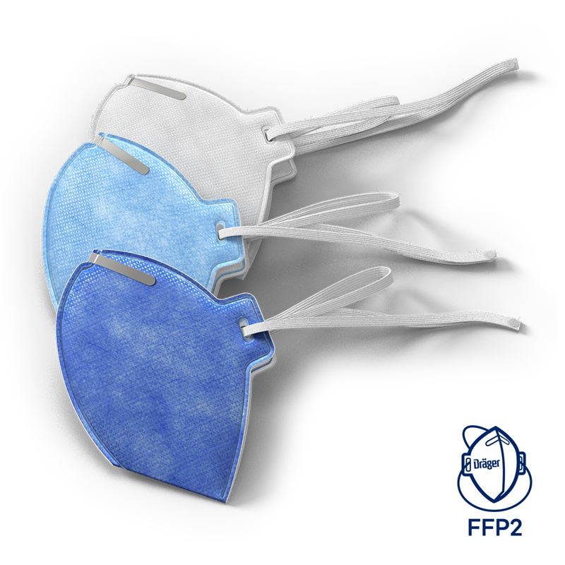 Dräger X-plore 1720 FFP2 Atemschutzmasken Drei FFP2 Atemschutzmasken von Dräger in verschiedenen Blautönen und Weiß mit Ohrschlaufen ziert das Bild.